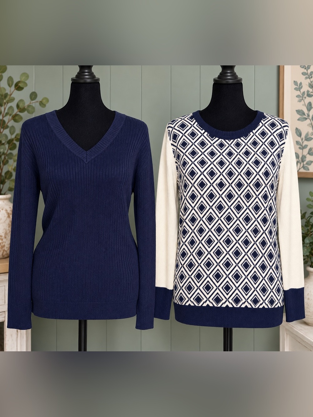 2 for 1 🏷️ Navy V-Neck Sweater - Navy & Ivory Geometric Crewneck Sweater Set